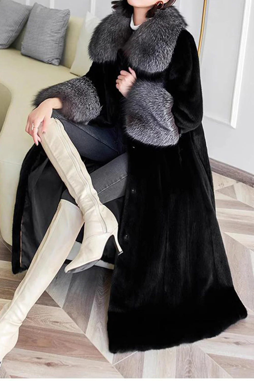 Maxi manteau maxi noir à col revers en velours - Image 2