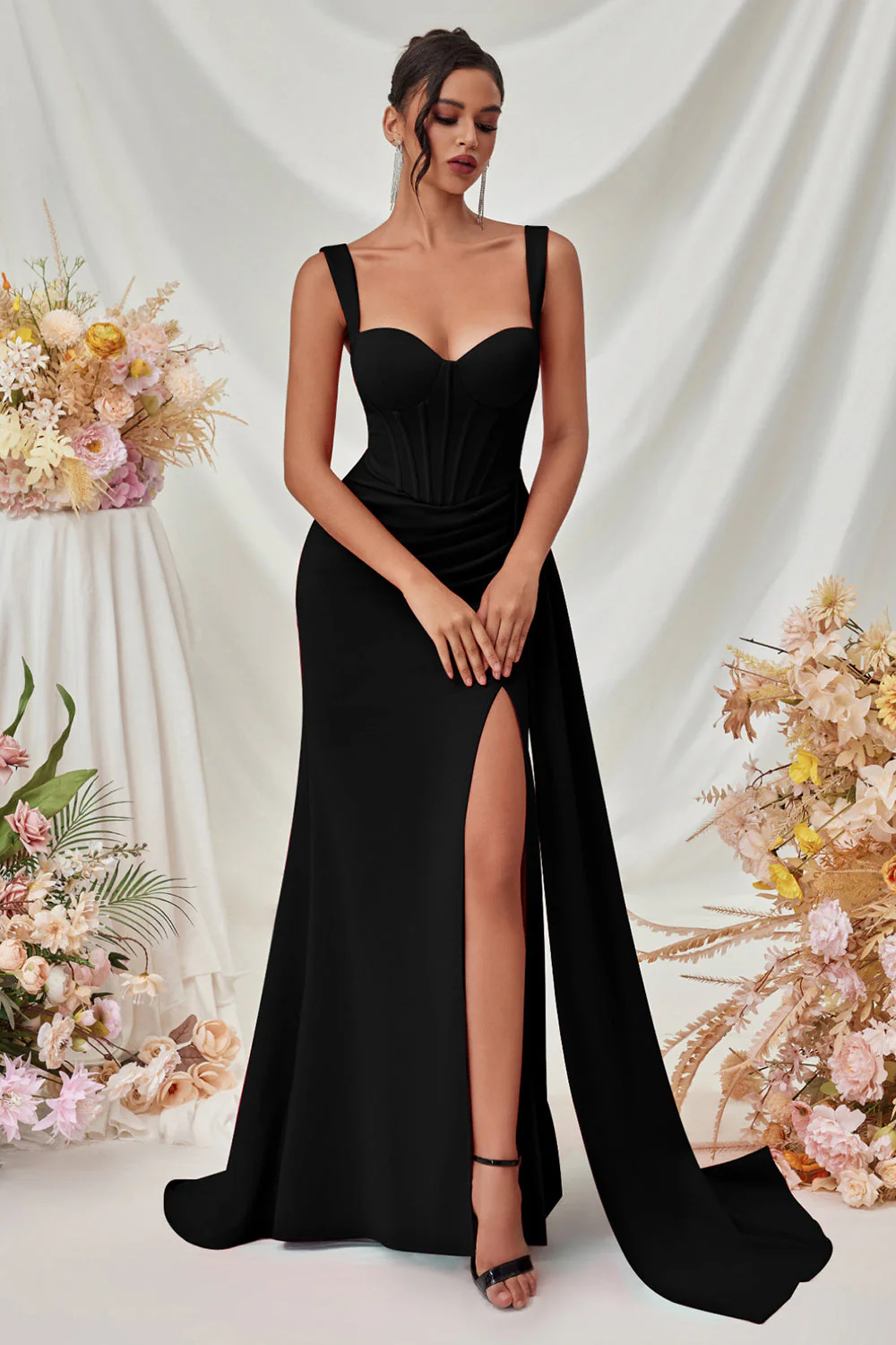 Maxi Robe de Bal Noire Sirène à Bretelles Épaisses Avec Fente