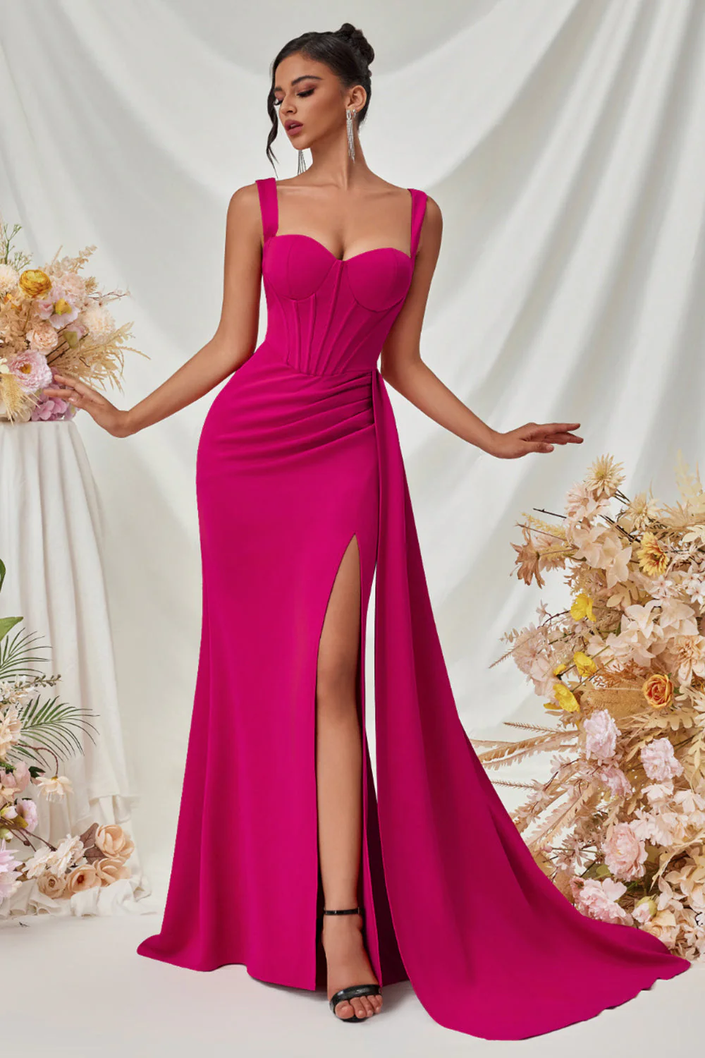 Maxi Robe de Bal Noire Sirène à Bretelles Épaisses Avec Fente - Image 9
