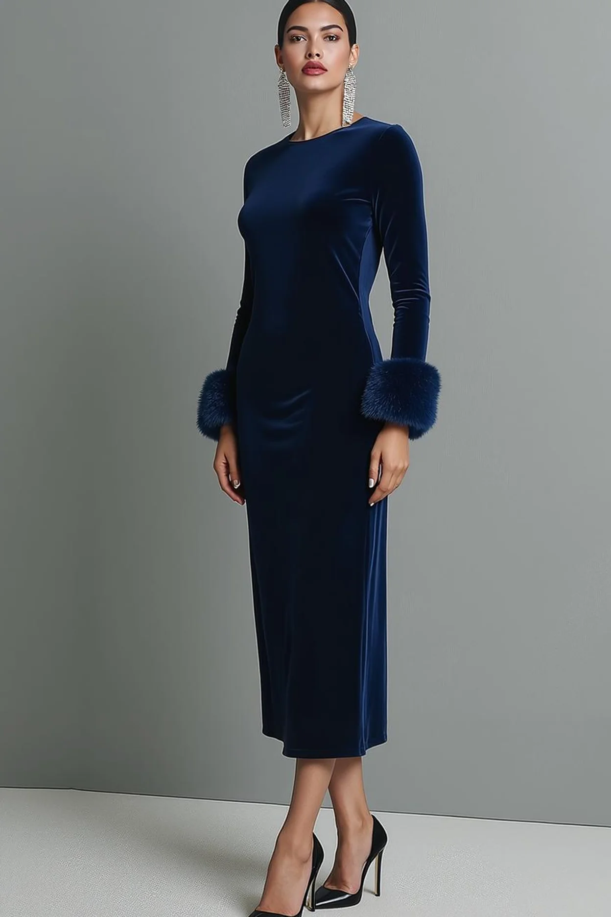 Maxi robe formelle à manches en velours à col rond bleu foncé - Image 2