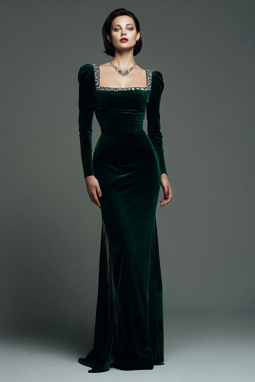 Maxi robe formelle maxi sirène à col carré vert foncé scintillant en velours