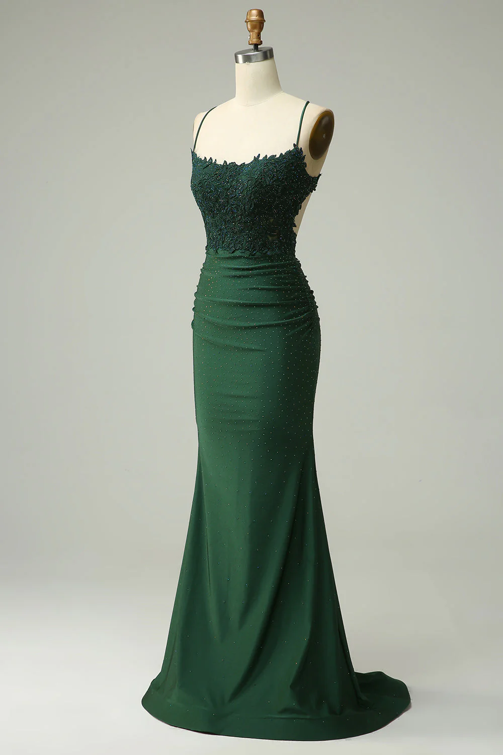 Robe de soirée sirène à col halter vert foncé avec appliques - Image 3