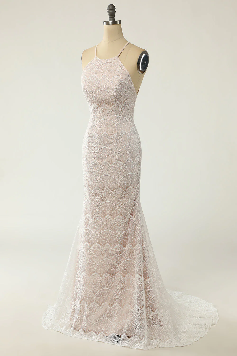 Mermaid Halter Robe de mariée en dentelle blanche avec sweep train - Image 3