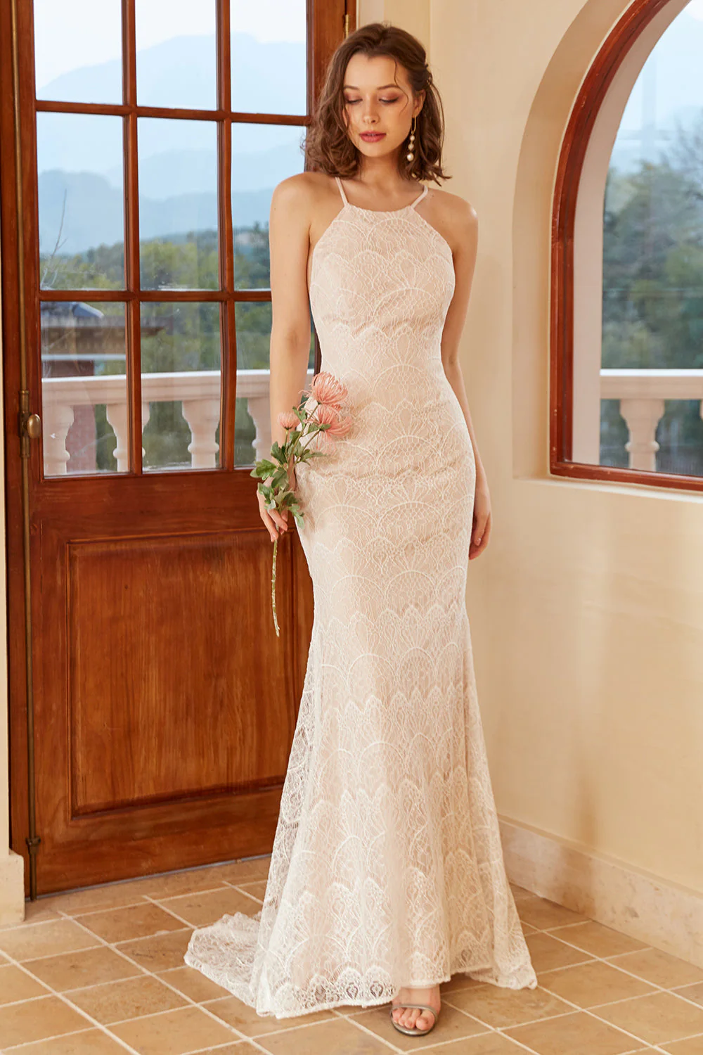 Mermaid Halter Robe de mariée en dentelle blanche avec sweep train - Image 3