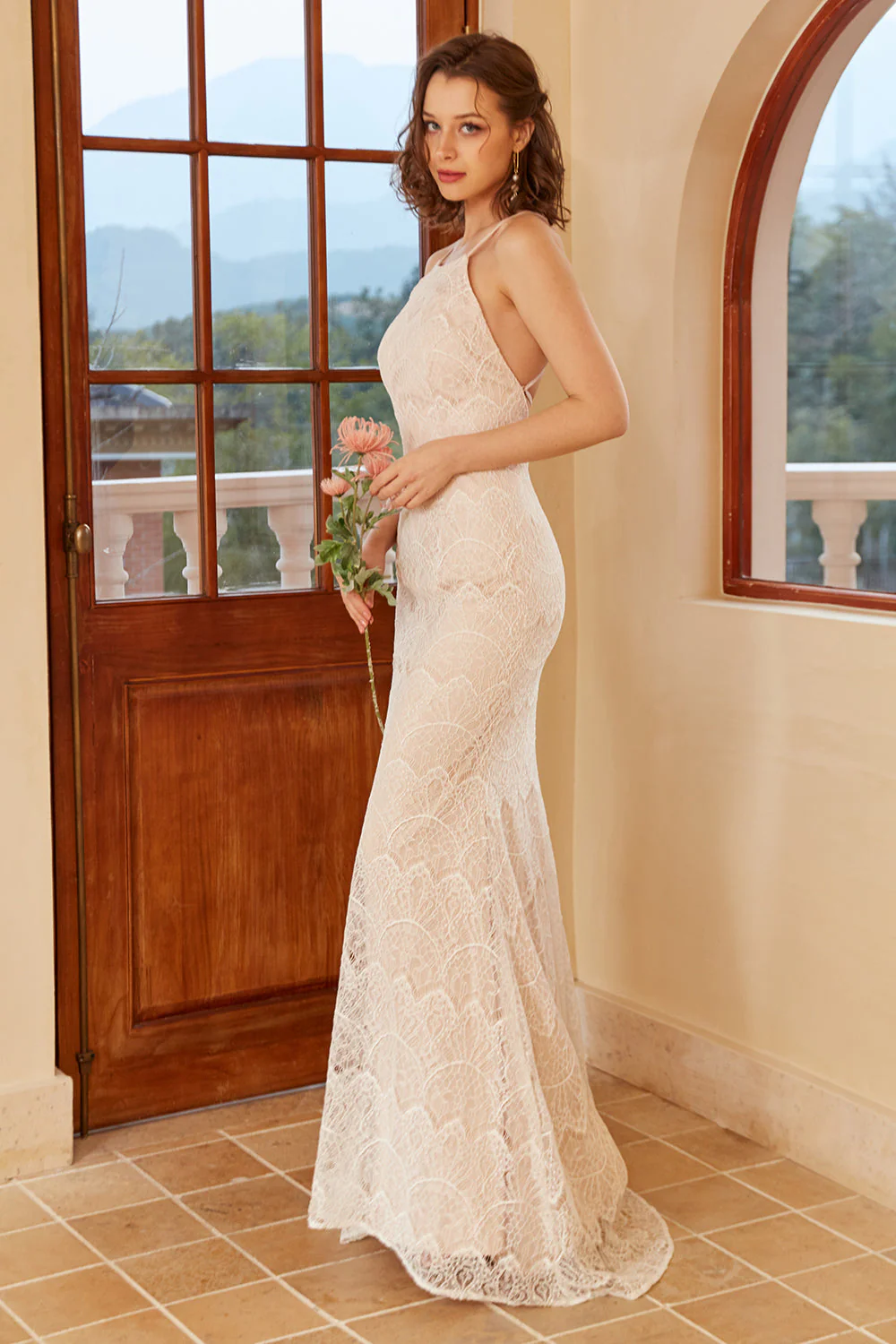 Mermaid Halter Robe de mariée en dentelle blanche avec sweep train - Image 4