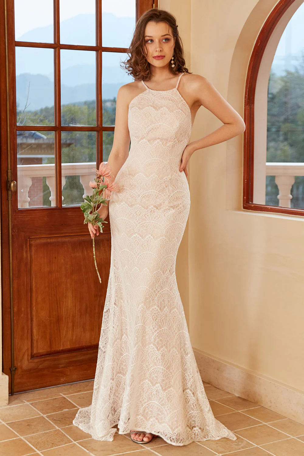 Mermaid Halter Robe de mariée en dentelle blanche avec sweep train - Image 6