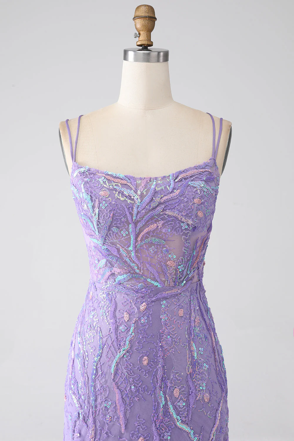 Robe de Soirée sirène à lacets dans le dos et paillettes lilas avec fente - Image 4