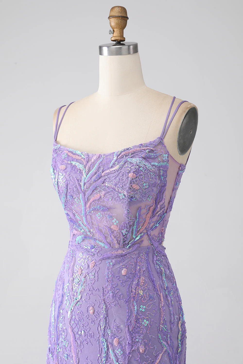 Robe de Soirée sirène à lacets dans le dos et paillettes lilas avec fente - Image 6