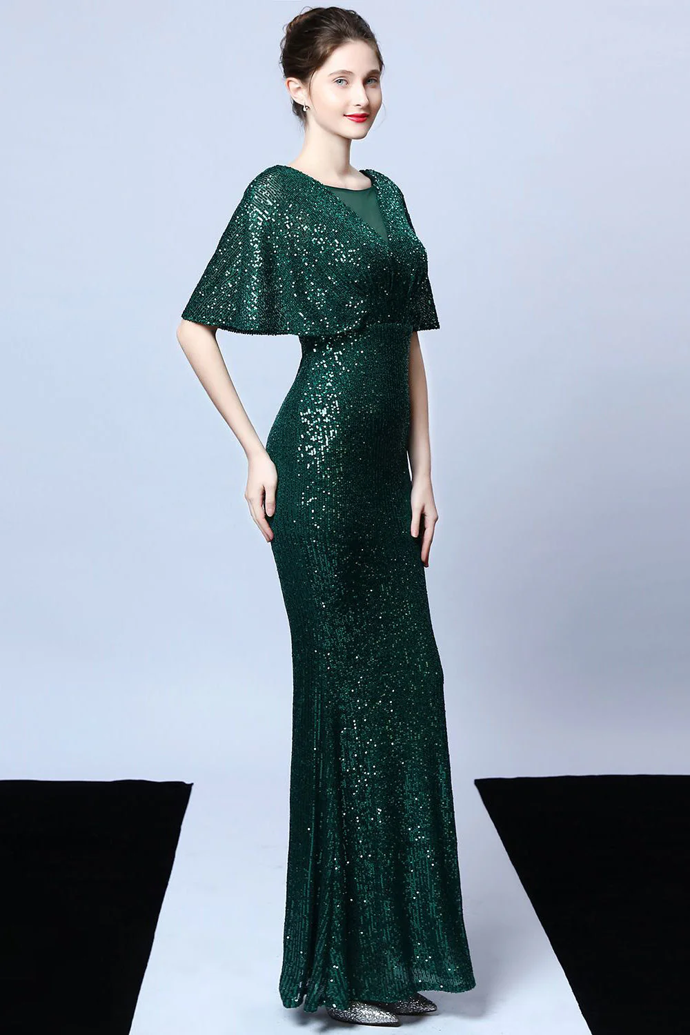Mermaid V Neck Dark Green Sequins Robe longue bal avec manches courtes - Image 6