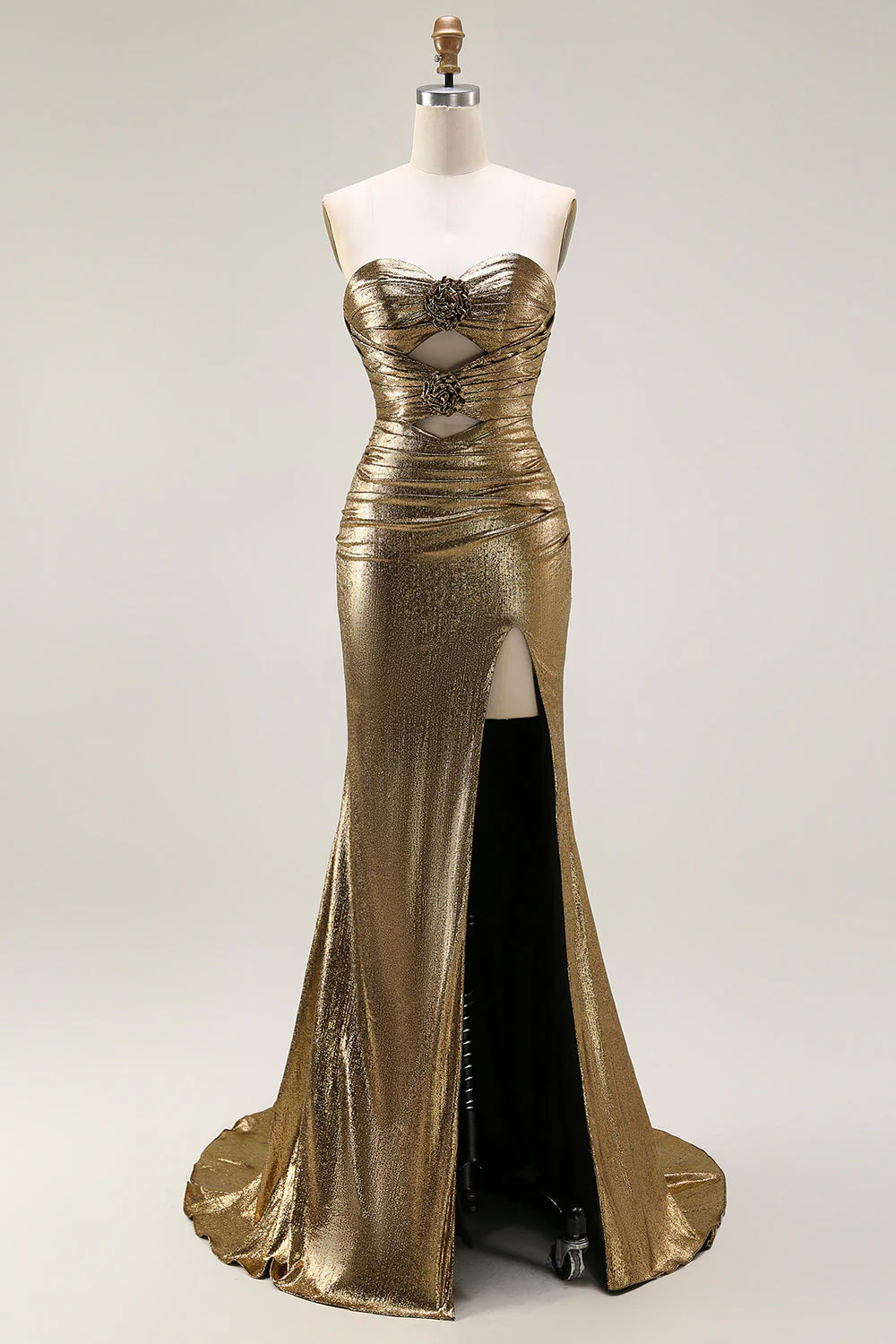 Métallisé sirène dorée foncée bustier sans bretelles découpée longue Robe De Soirée avec fente