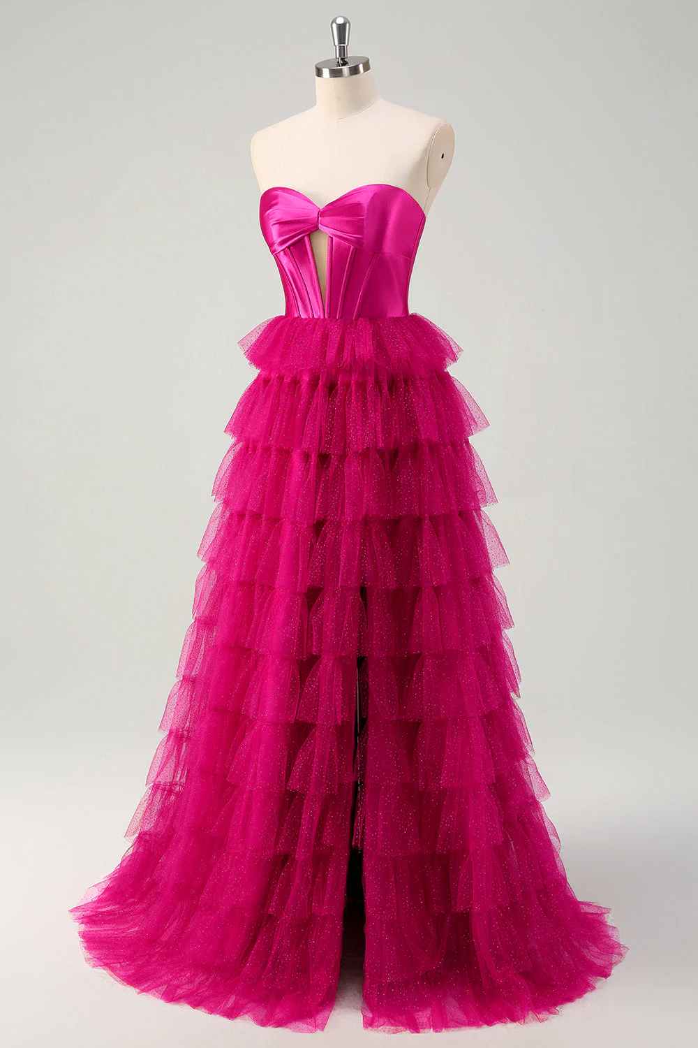 Mignon Fuchsia Sweetheart Trou de serrure Étagé Tulle Longue Princesse Robes de Bal Avec Fente - Image 3