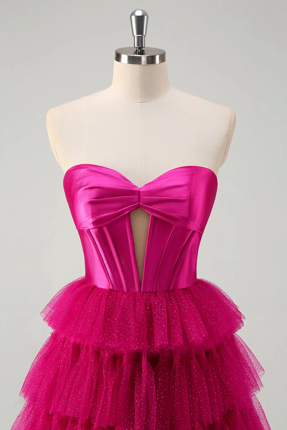 Mignon Fuchsia Sweetheart Trou de serrure Étagé Tulle Longue Princesse Robes de Bal Avec Fente - Image 4