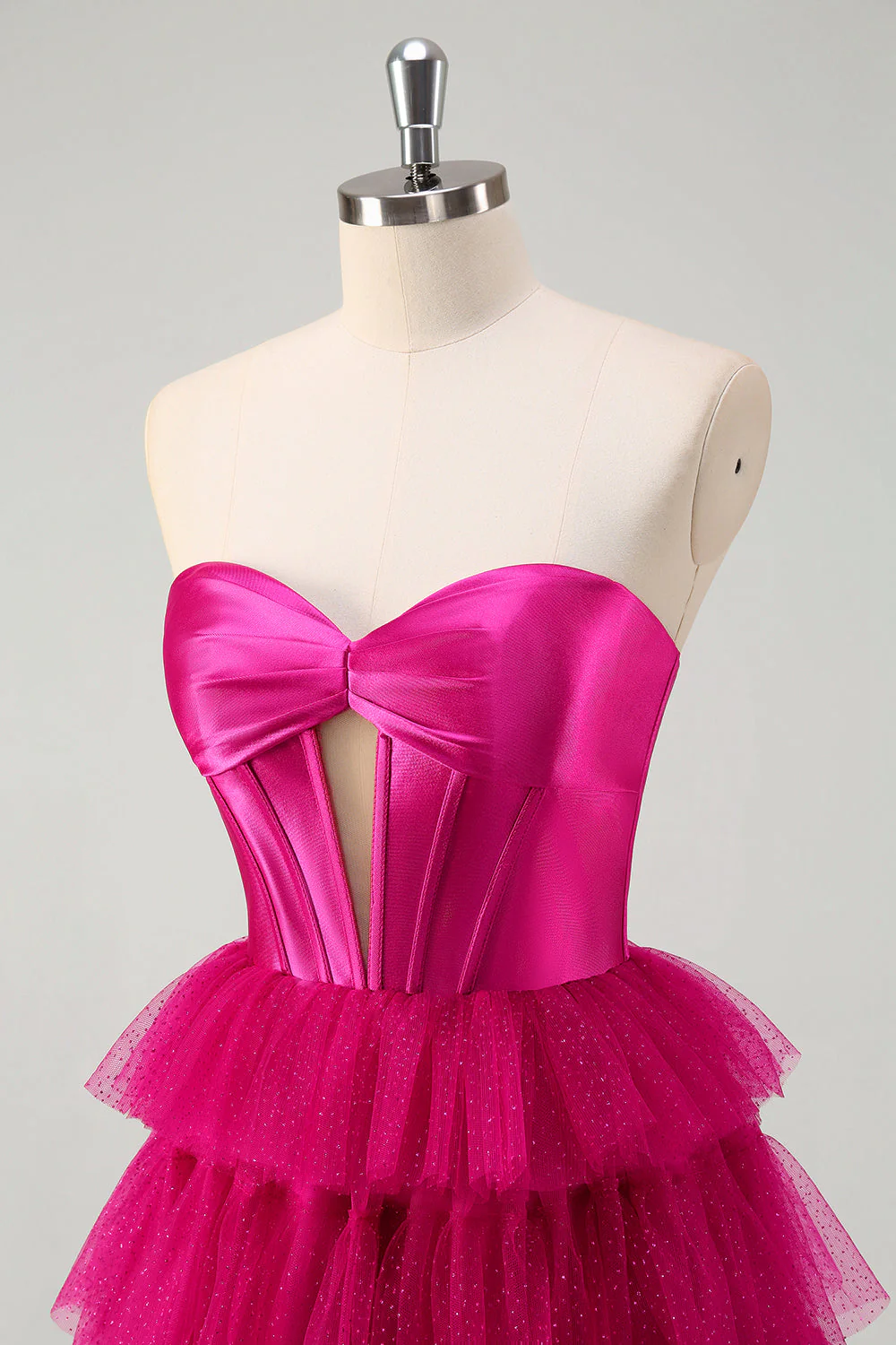 Mignon Fuchsia Sweetheart Trou de serrure Étagé Tulle Longue Princesse Robes de Bal Avec Fente - Image 6