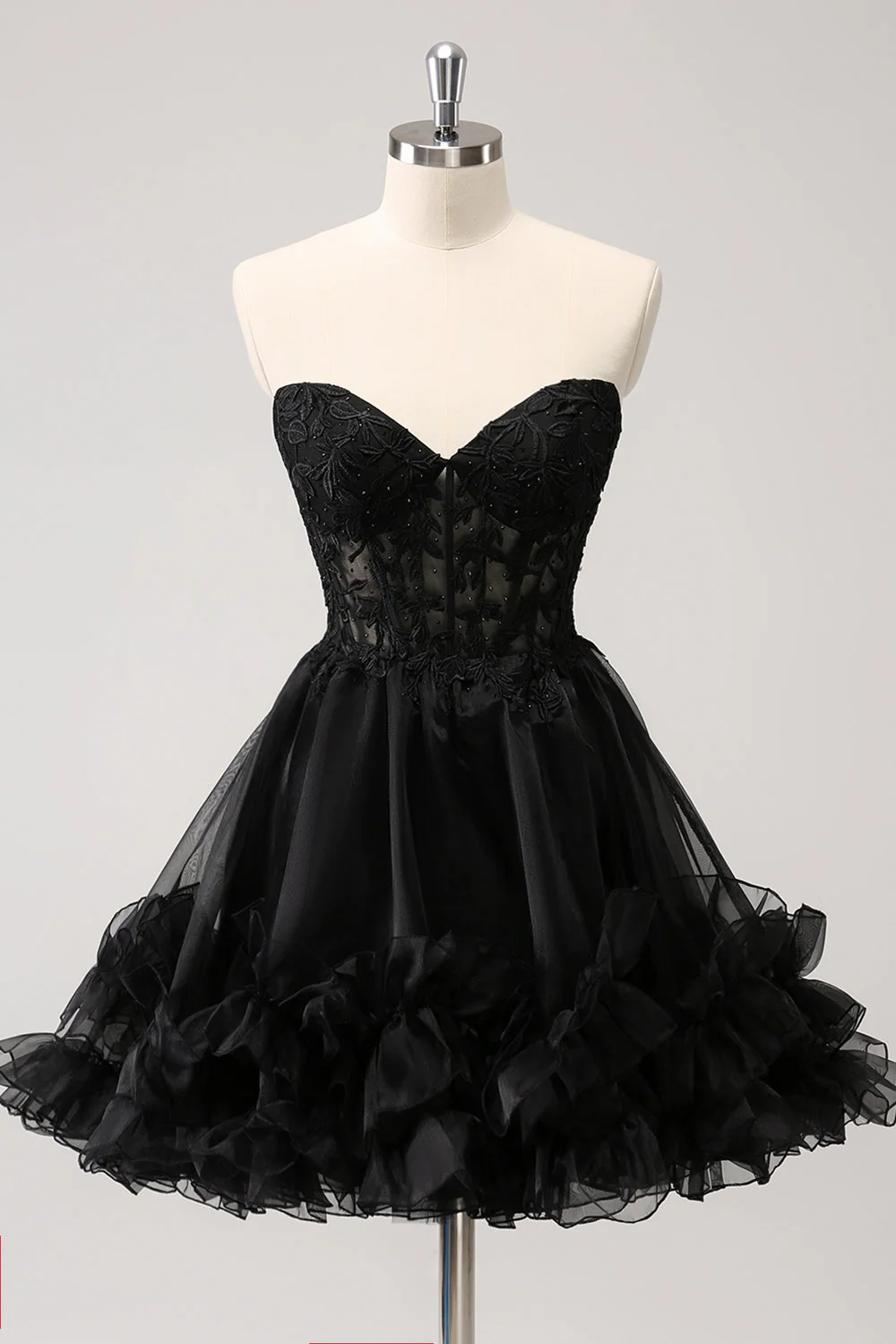 Robe de soirée courte noire bustier à volants