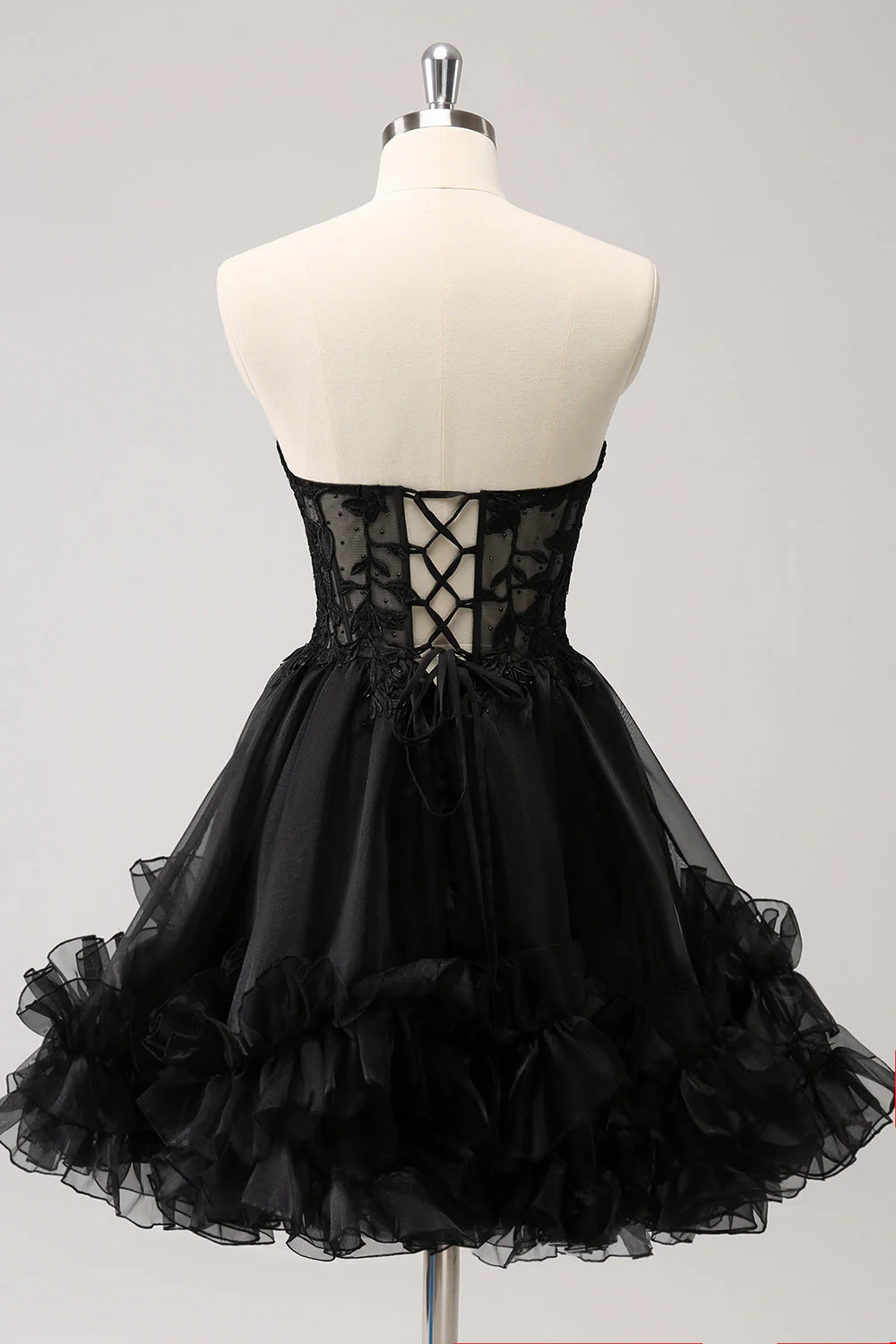 Robe de soirée courte noire bustier à volants - Image 2