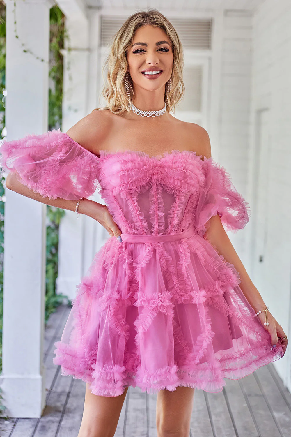 Mignon Une ligne Rougissement Tulle de l’épaule Robe courte Cocktail - Image 13