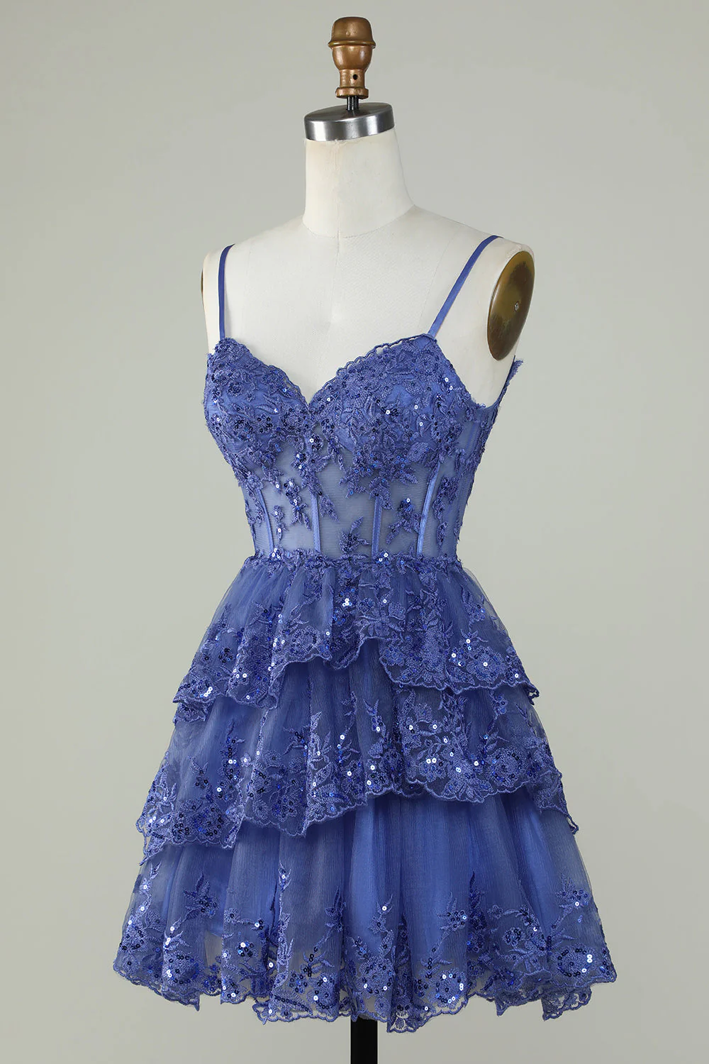 Mignon Une ligne Spaghetti Straps Bleu foncé Corset scintillant Robe de cocktail - Image 3