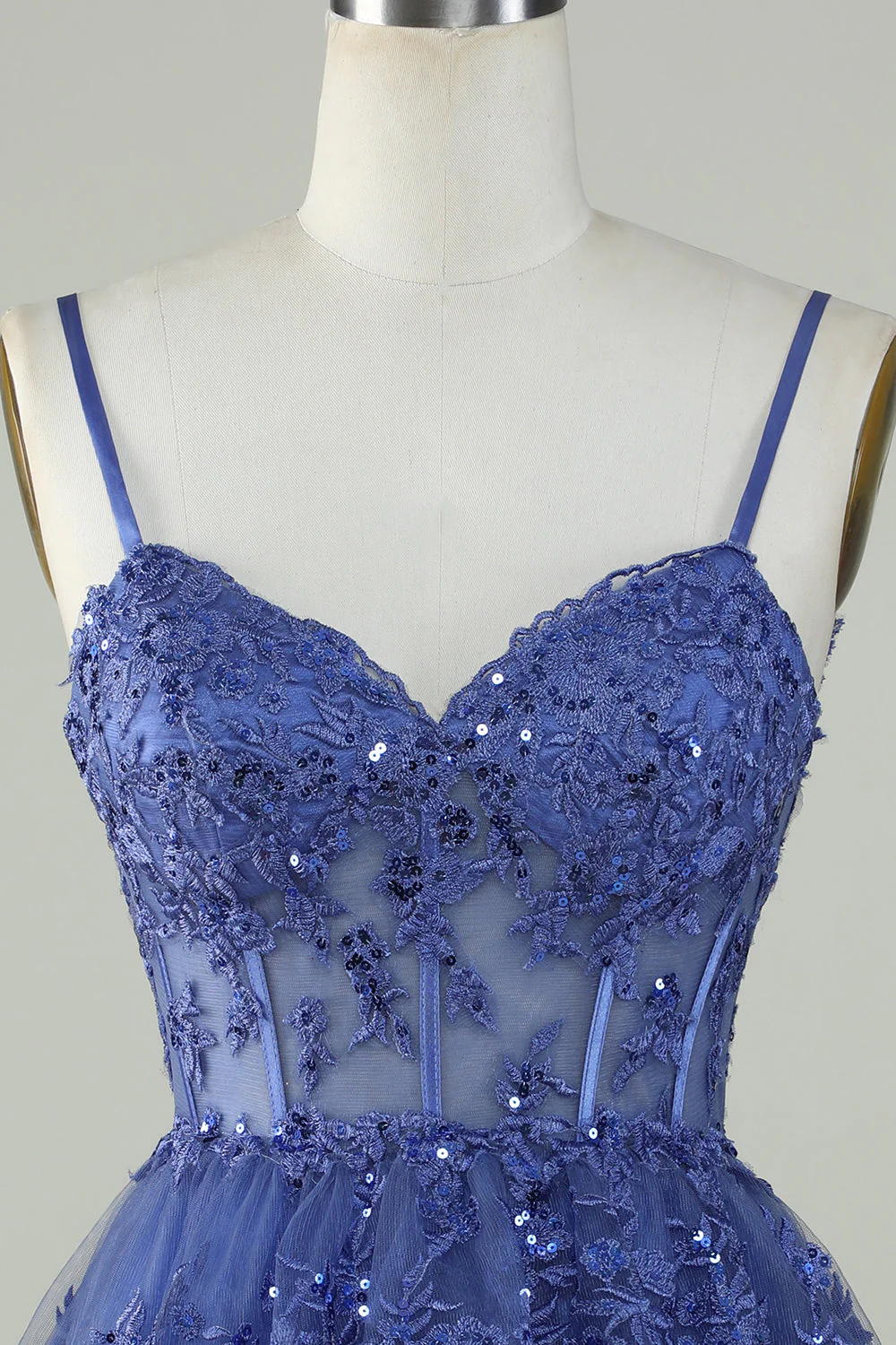 Mignon Une ligne Spaghetti Straps Bleu foncé Corset scintillant Robe de cocktail - Image 4