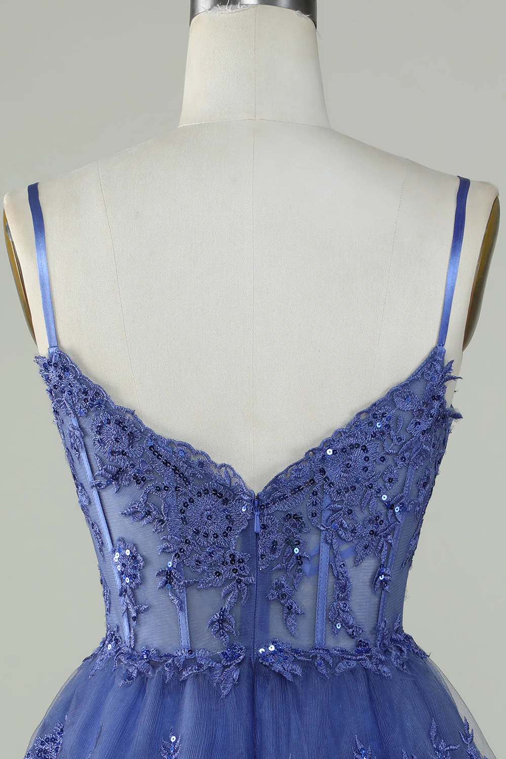 Mignon Une ligne Spaghetti Straps Bleu foncé Corset scintillant Robe de cocktail - Image 5