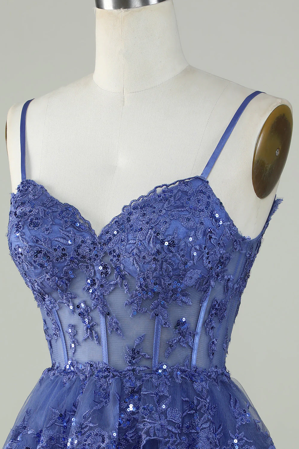 Mignon Une ligne Spaghetti Straps Bleu foncé Corset scintillant Robe de cocktail - Image 6