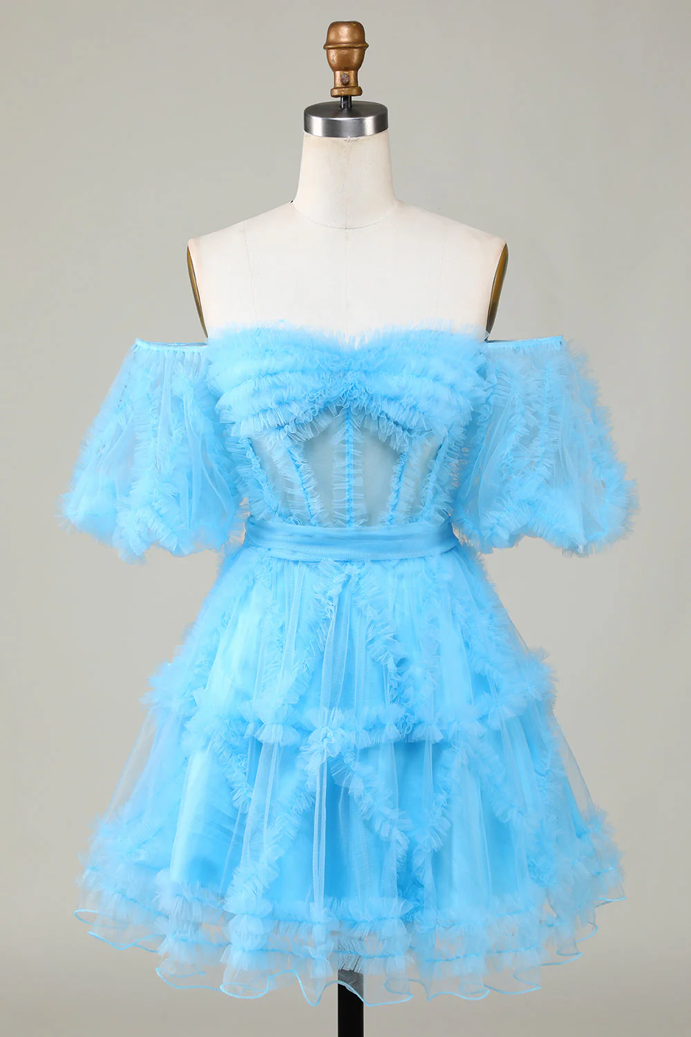 Mignon Une ligne Tulle bleu de l’épaule Robe courte de cocktail