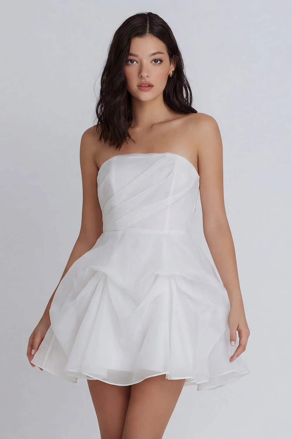 Mini-robe A-Line en tulle sans bretelles ivoire froncée avec nœud