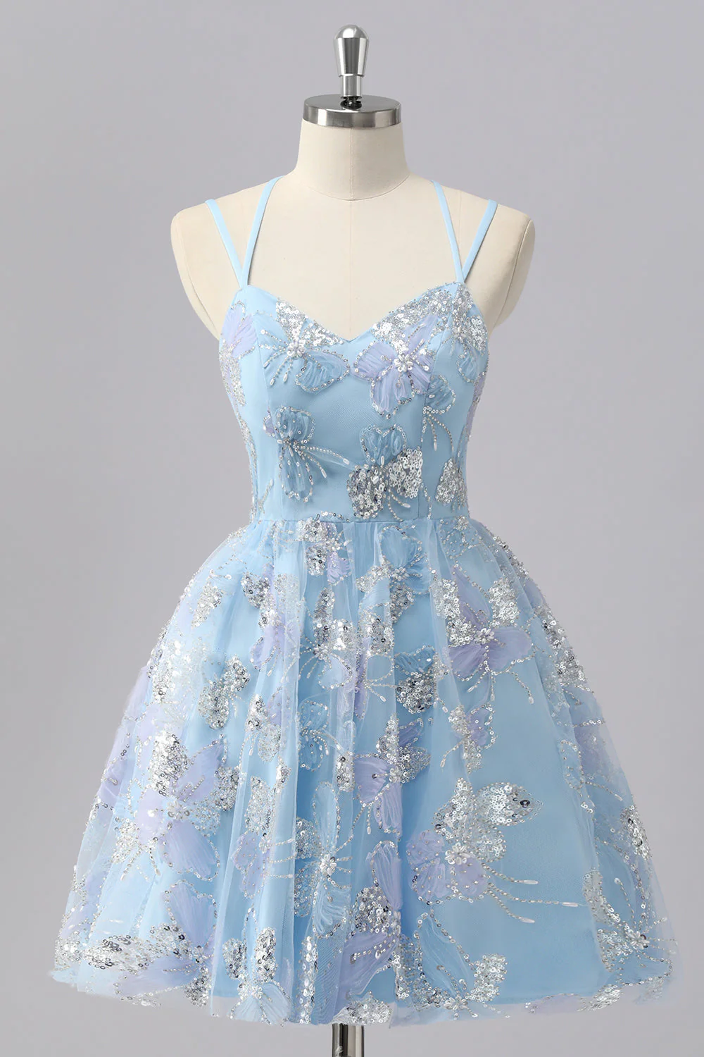 Mini robe de bal à sequins à fleurs bleues