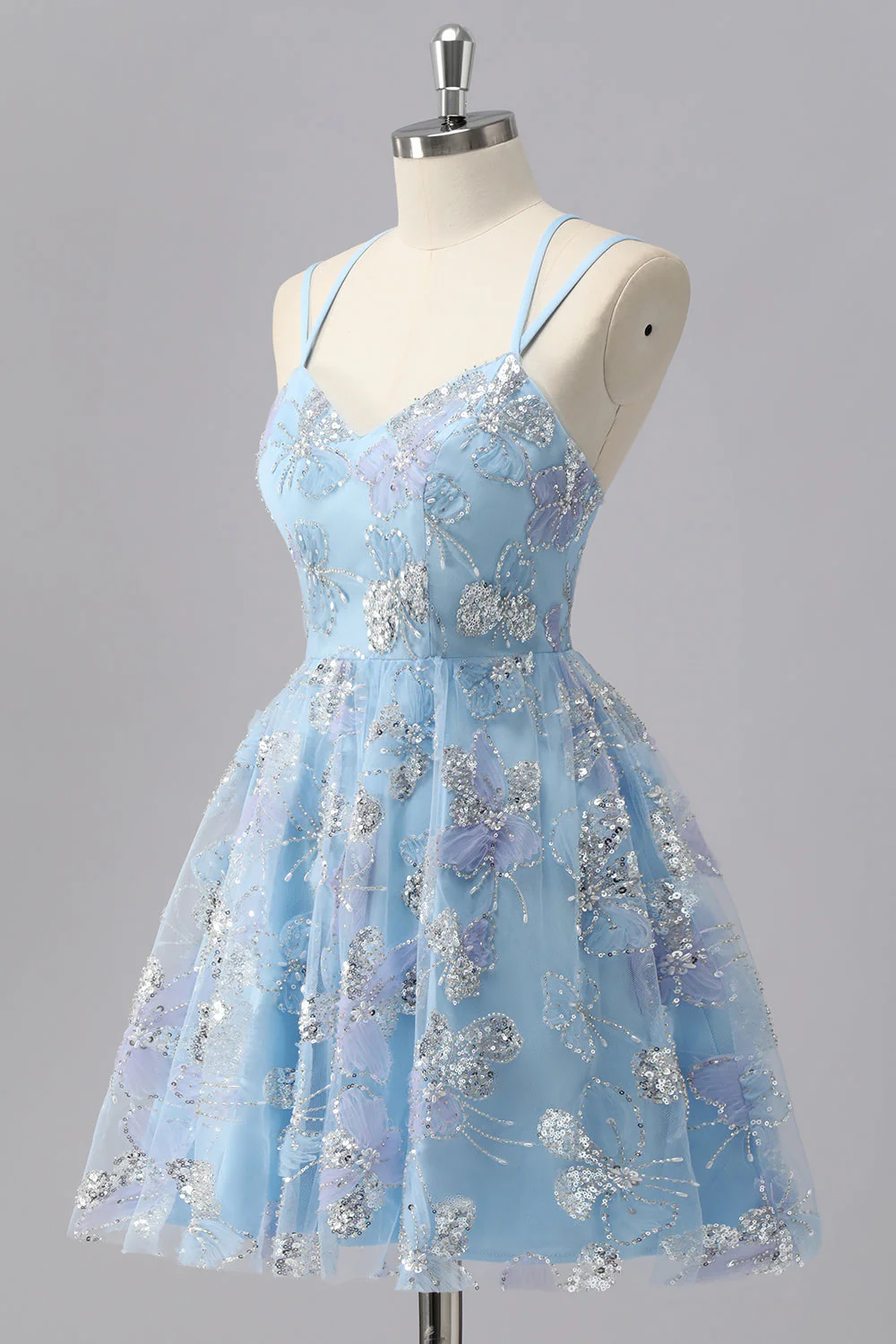 Mini robe de bal à sequins à fleurs bleues - Image 3