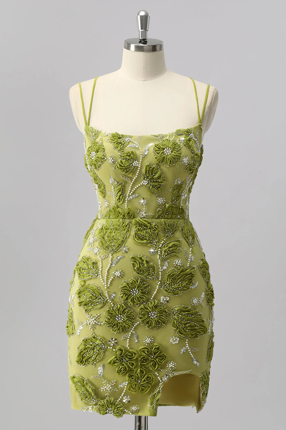 Mini robe moulante verte perlée de retour à la maison avec fleurs 3D