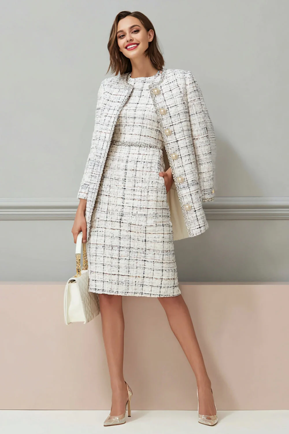 Ensemble robe de travail midi 2 pièces en tweed noir à carreaux