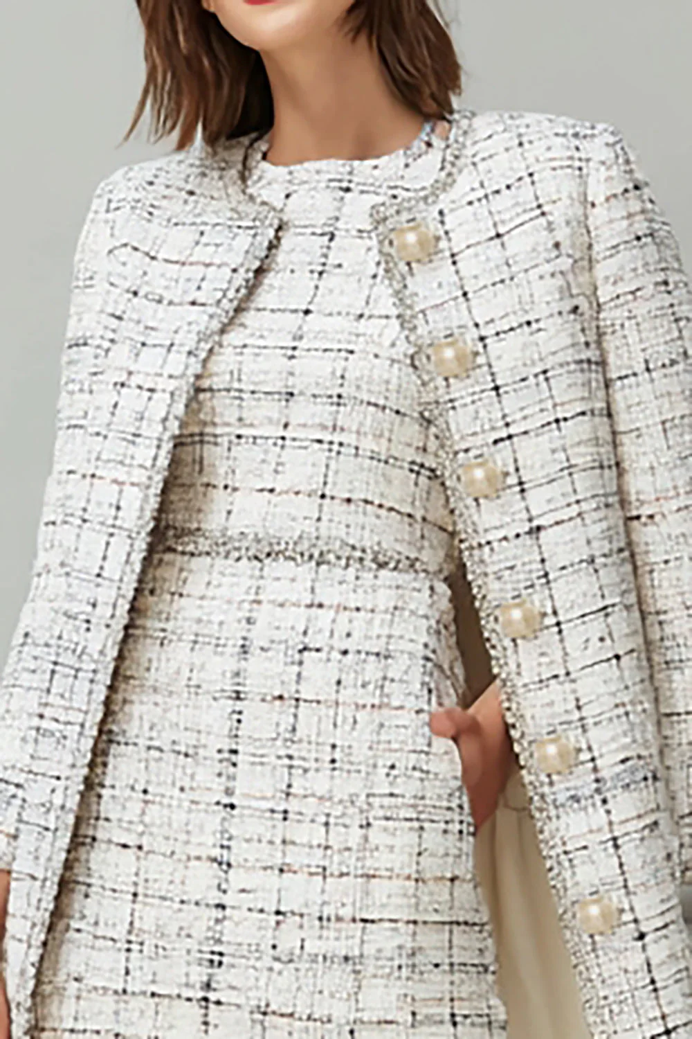 Ensemble robe de travail midi 2 pièces en tweed noir à carreaux - Image 3
