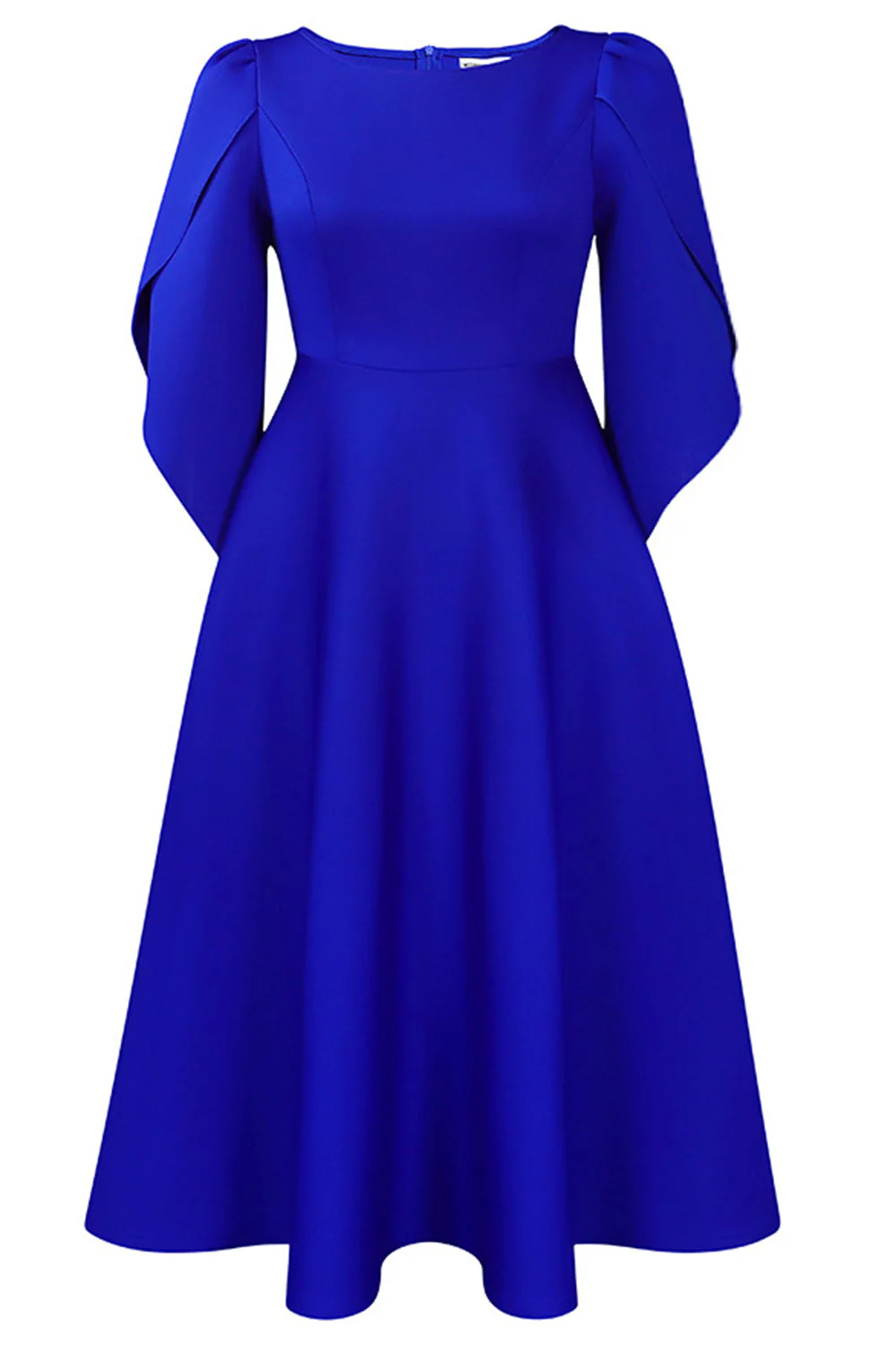 Mode Élégant Bleu Royal Une Ligne Solide Swing Robe avec Demi-Manches - Image 3