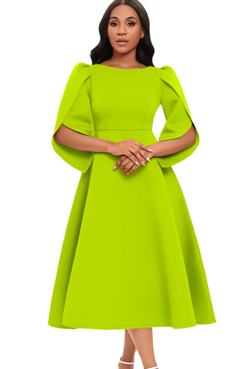 Mode Élégant Bleu Royal Une Ligne Solide Swing Robe avec Demi-Manches - Image 4