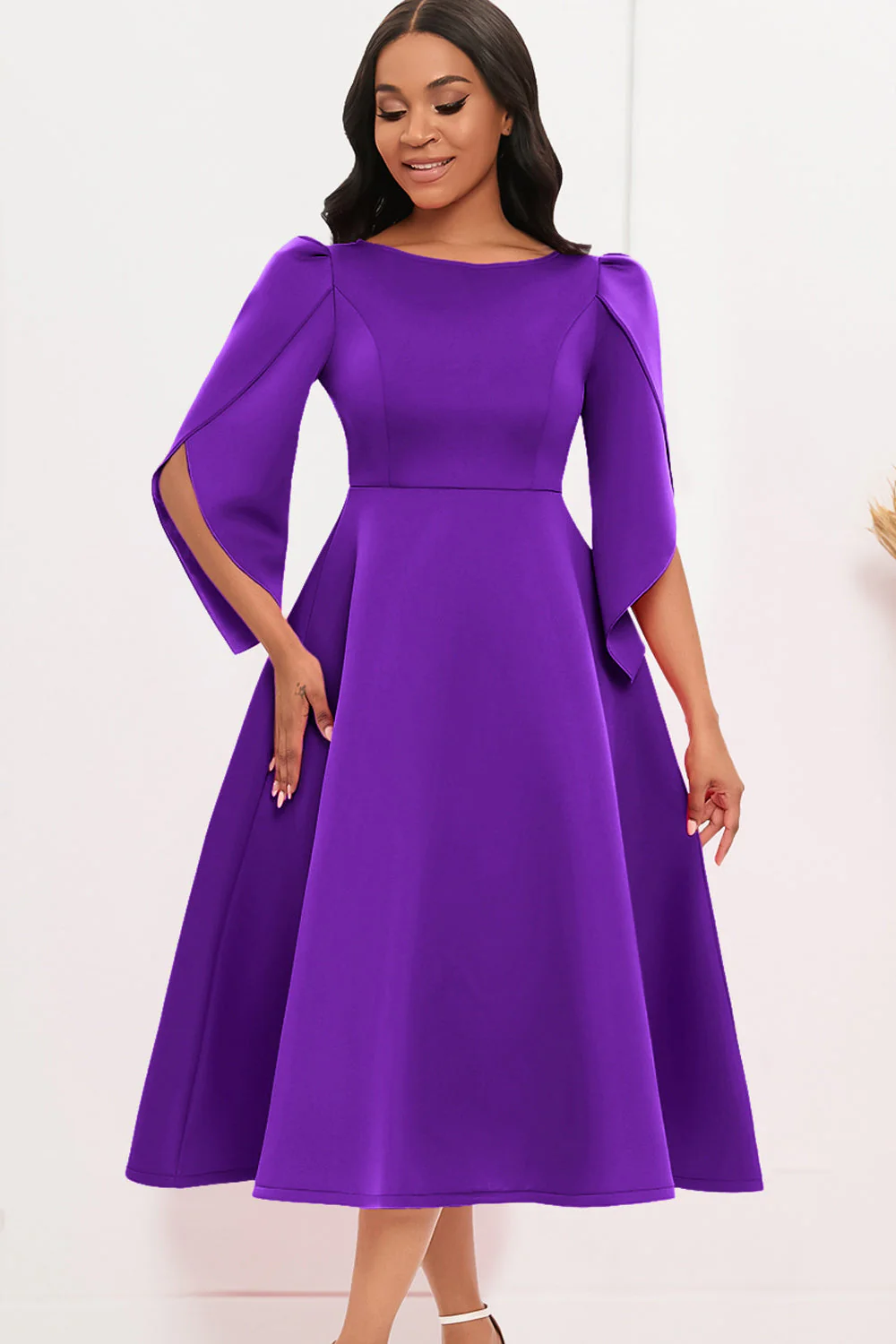 Mode Élégant Bleu Royal Une Ligne Solide Swing Robe avec Demi-Manches - Image 9