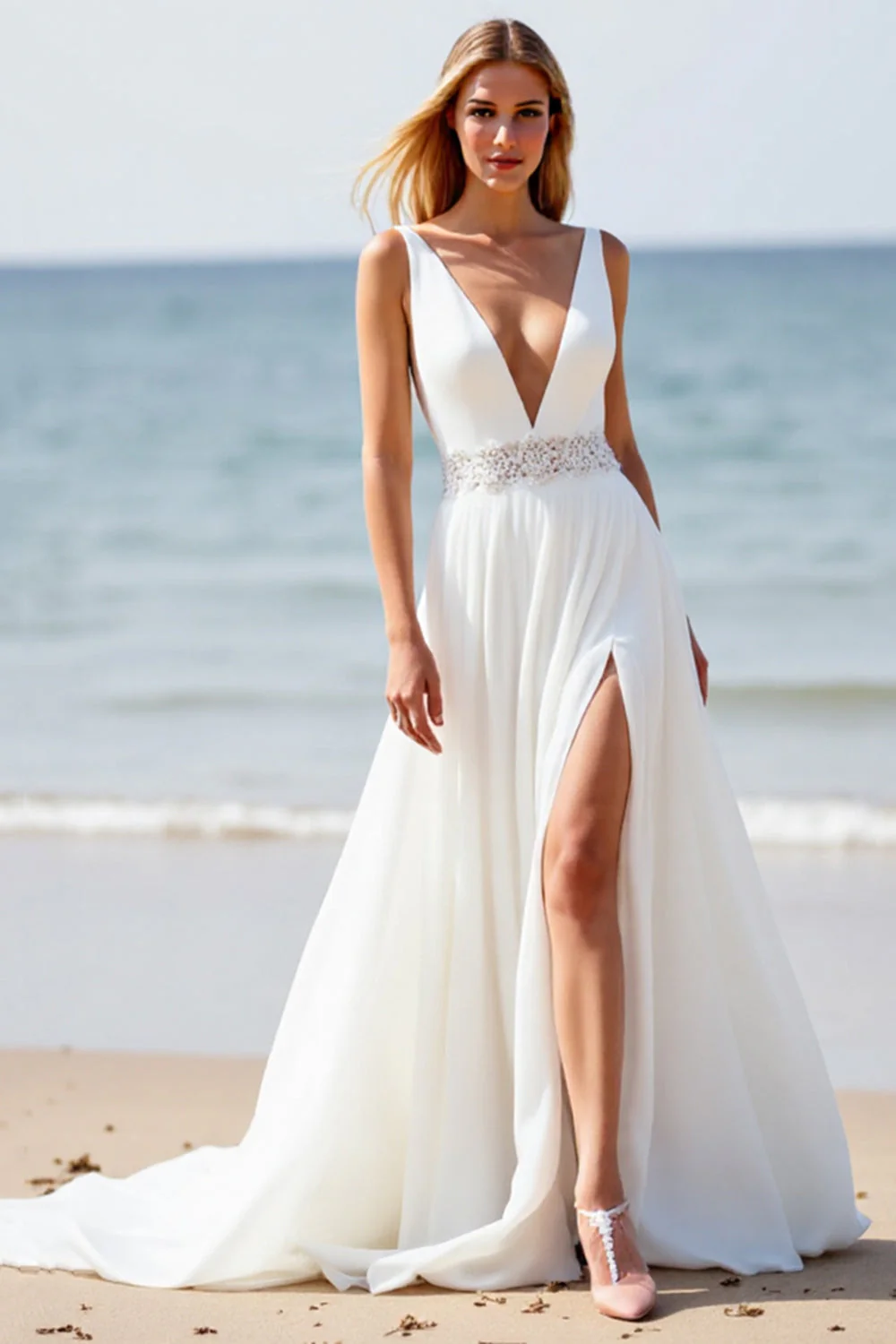Robe de mariée bohème blanche en mousseline de soie ligne A avec traîne et fente