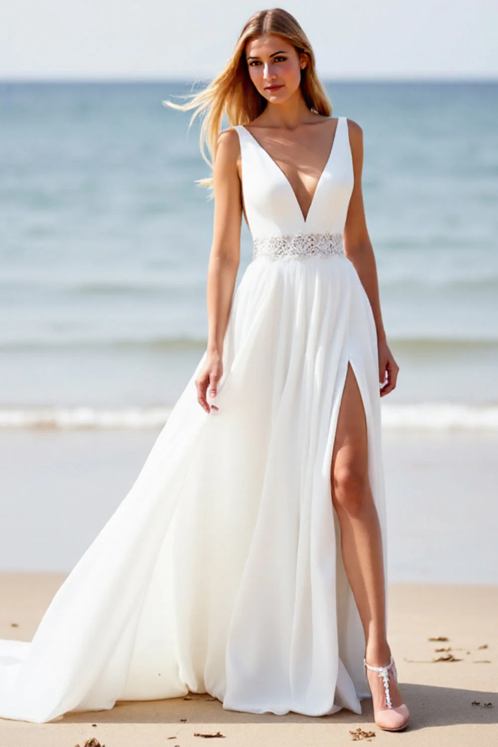 Robe de mariée bohème blanche en mousseline de soie ligne A avec traîne et fente - Image 2