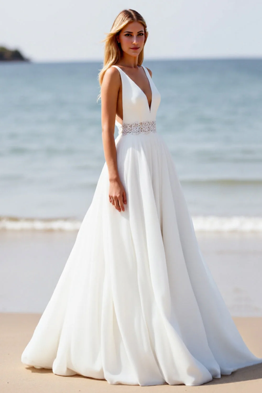 Robe de mariée bohème blanche en mousseline de soie ligne A avec traîne et fente - Image 3