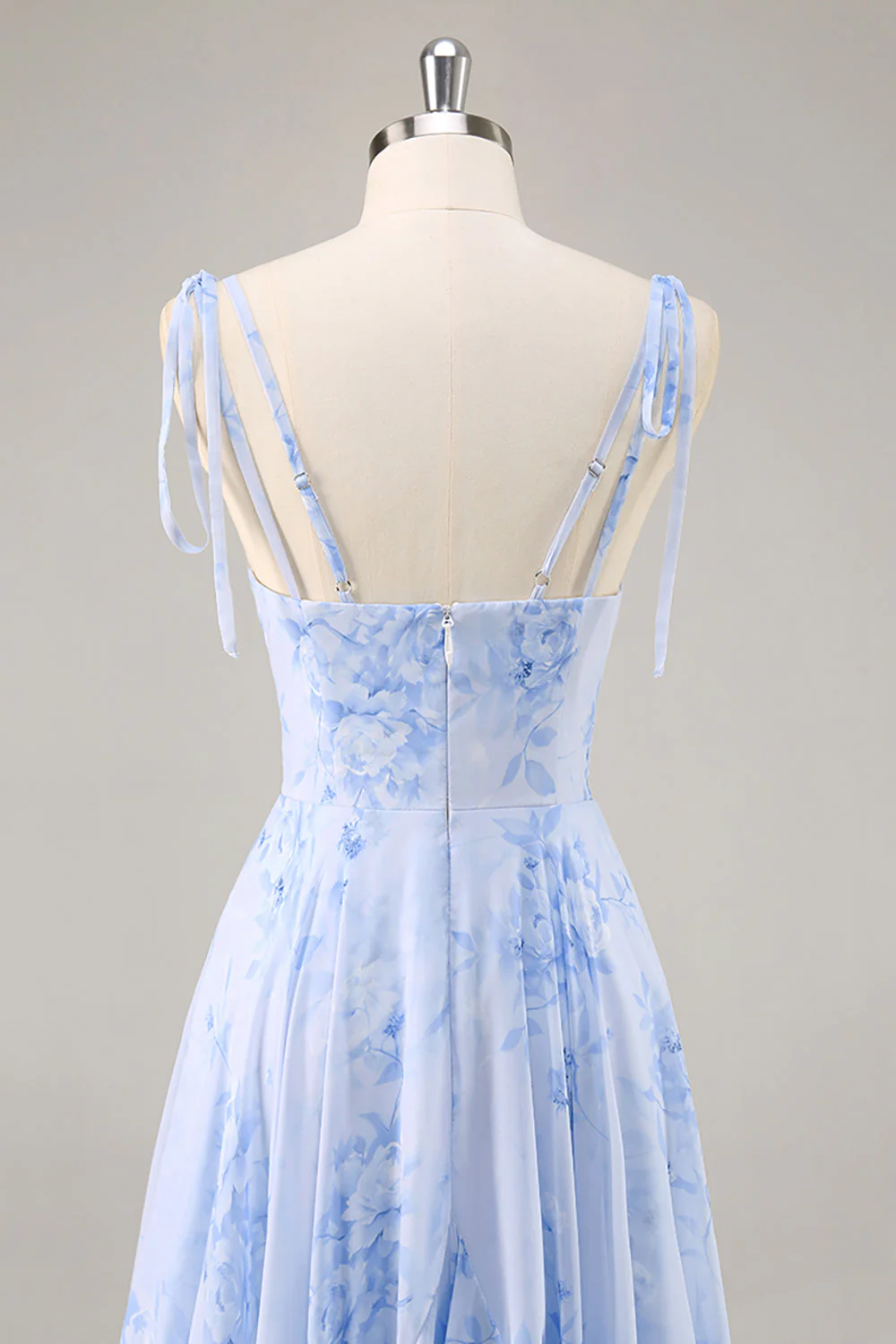 Mousseline de soie bleue Floral Une ligne longue robe de demoiselle d’honneur avec volants - Image 7