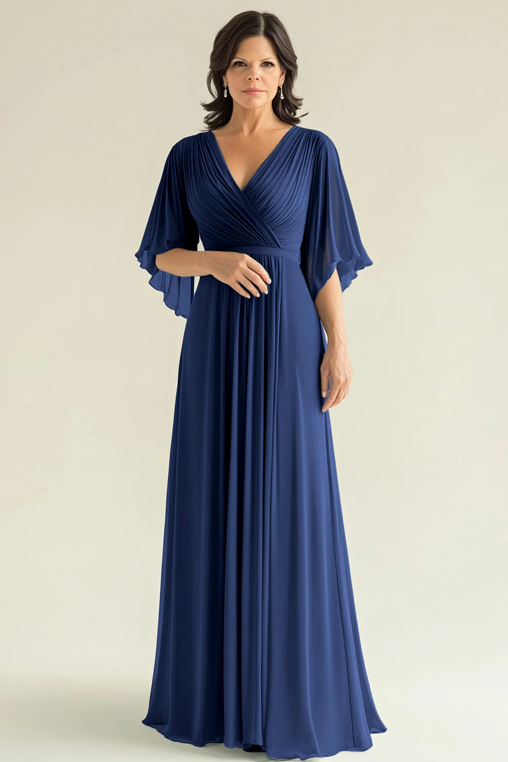 Robe pour mère de la mariée en mousseline de soie d'agave plissée à manches évasées et col en V - Image 11