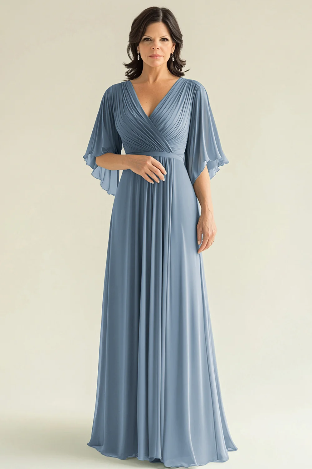 Robe pour mère de la mariée en mousseline de soie d'agave plissée à manches évasées et col en V - Image 12