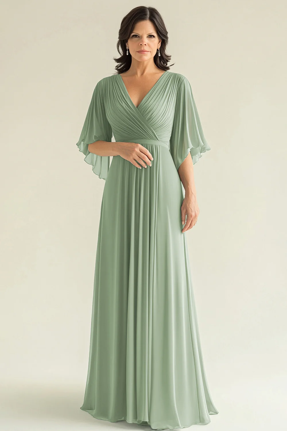 Robe pour mère de la mariée en mousseline de soie d'agave plissée à manches évasées et col en V - Image 13