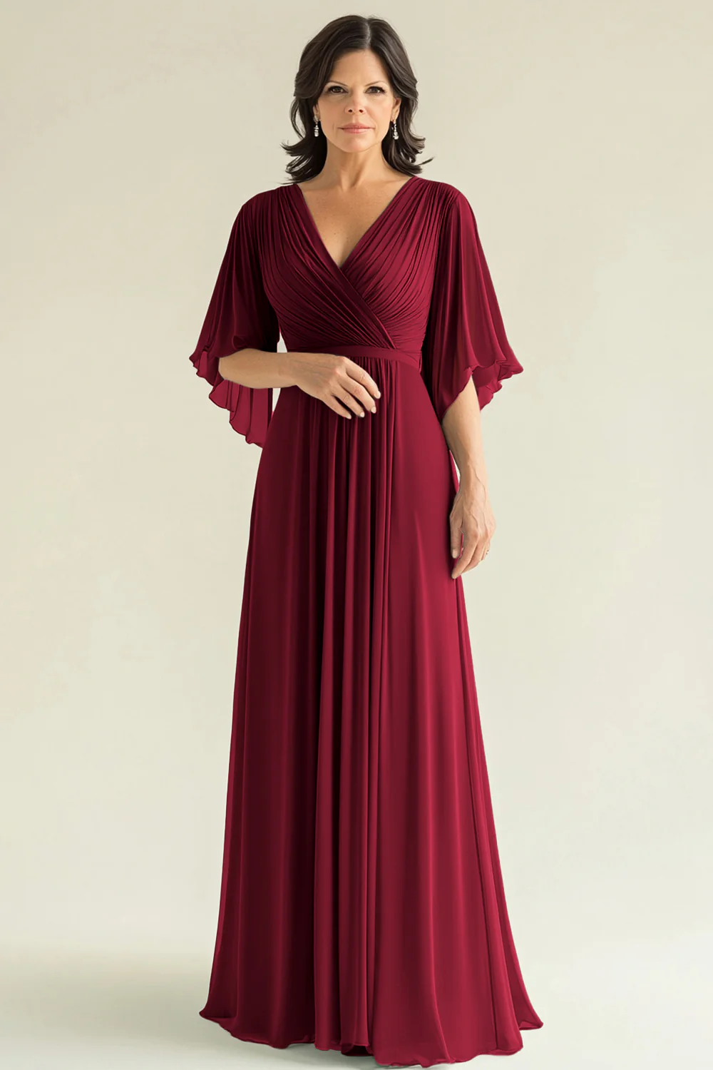 Robe pour mère de la mariée en mousseline de soie d'agave plissée à manches évasées et col en V - Image 8