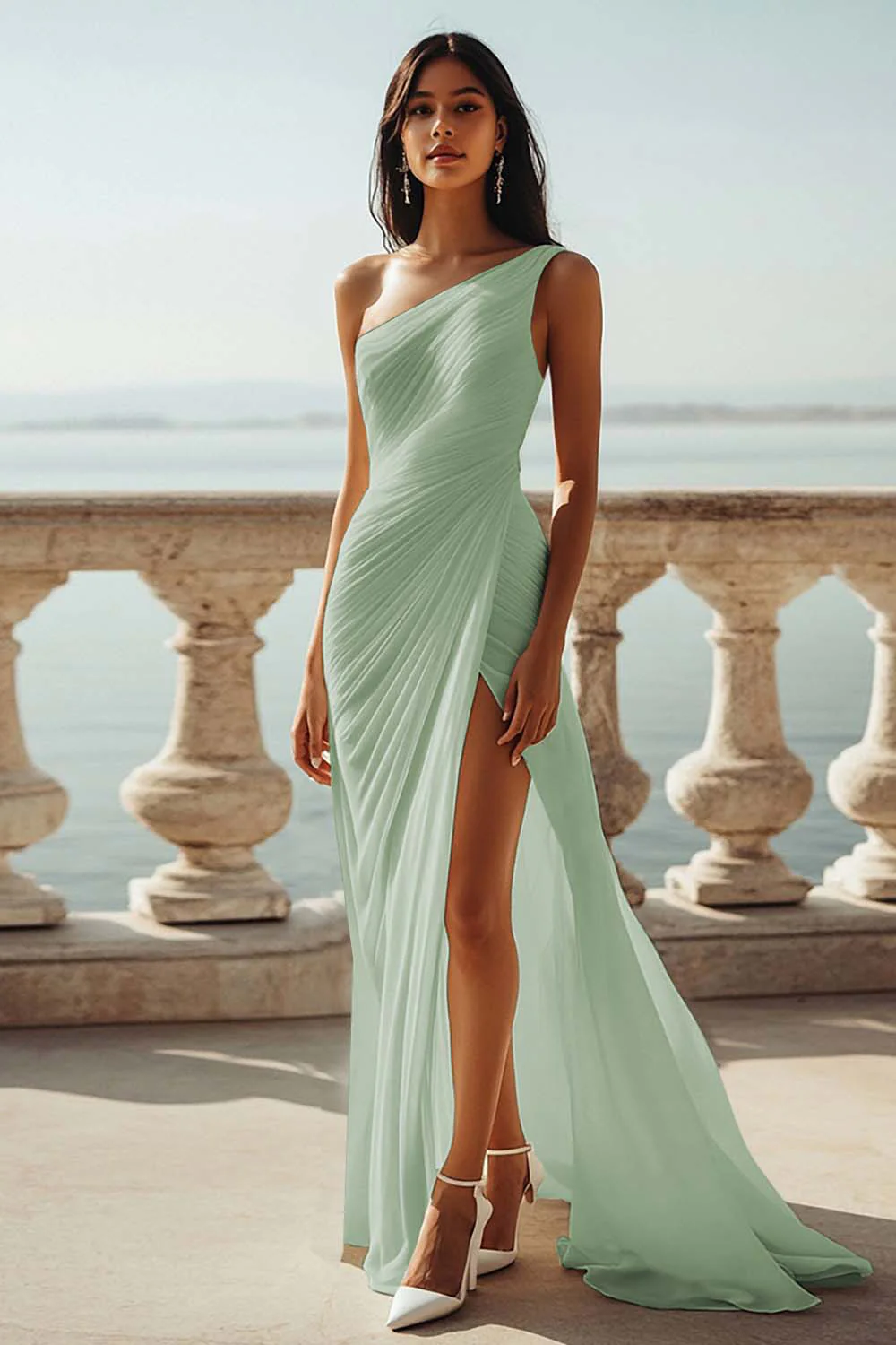 Robe de fiançailles longue ivoire en mousseline de soie une épaule avec fente - Image 15