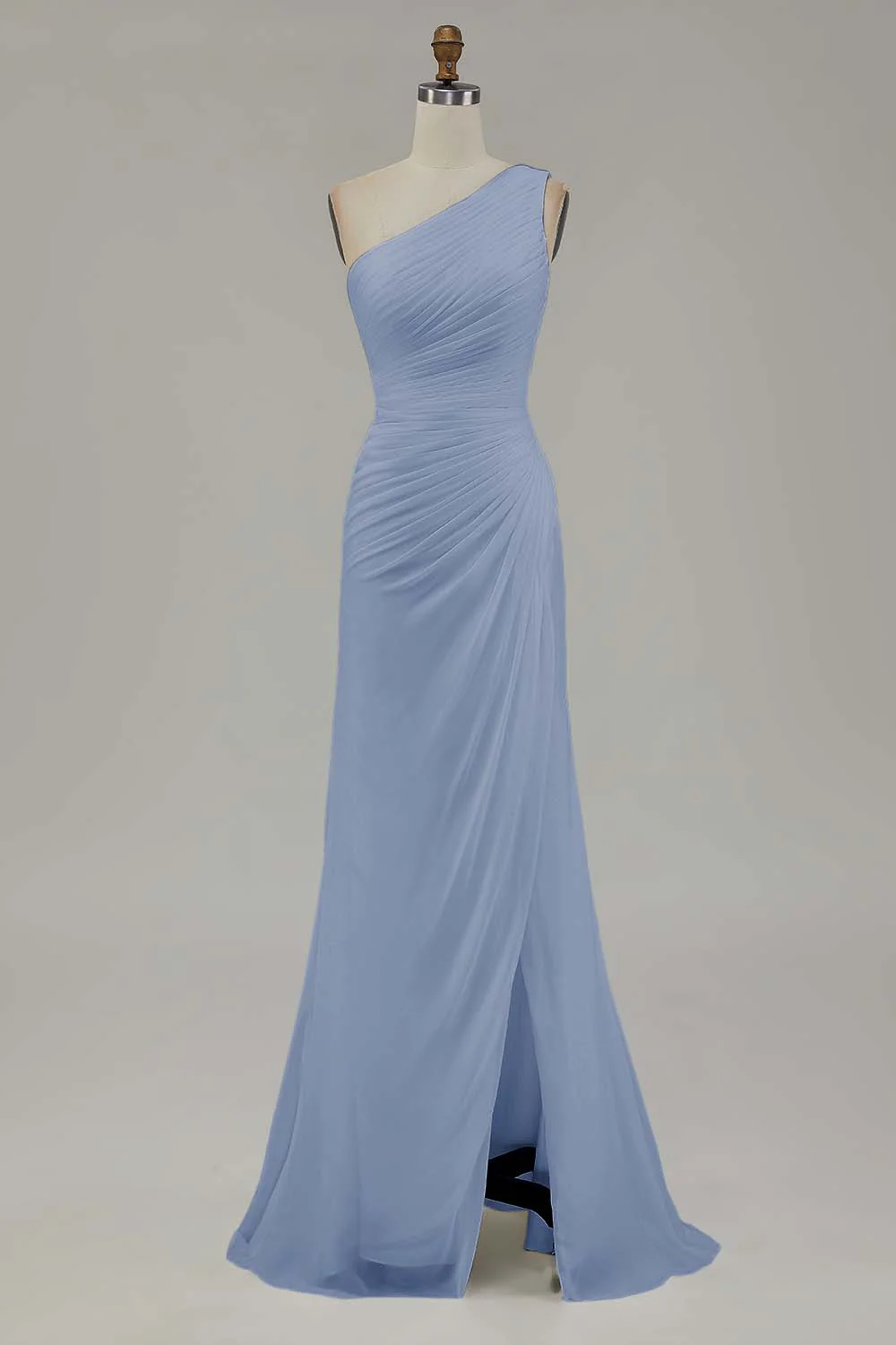Robe de fiançailles longue ivoire en mousseline de soie une épaule avec fente - Image 18