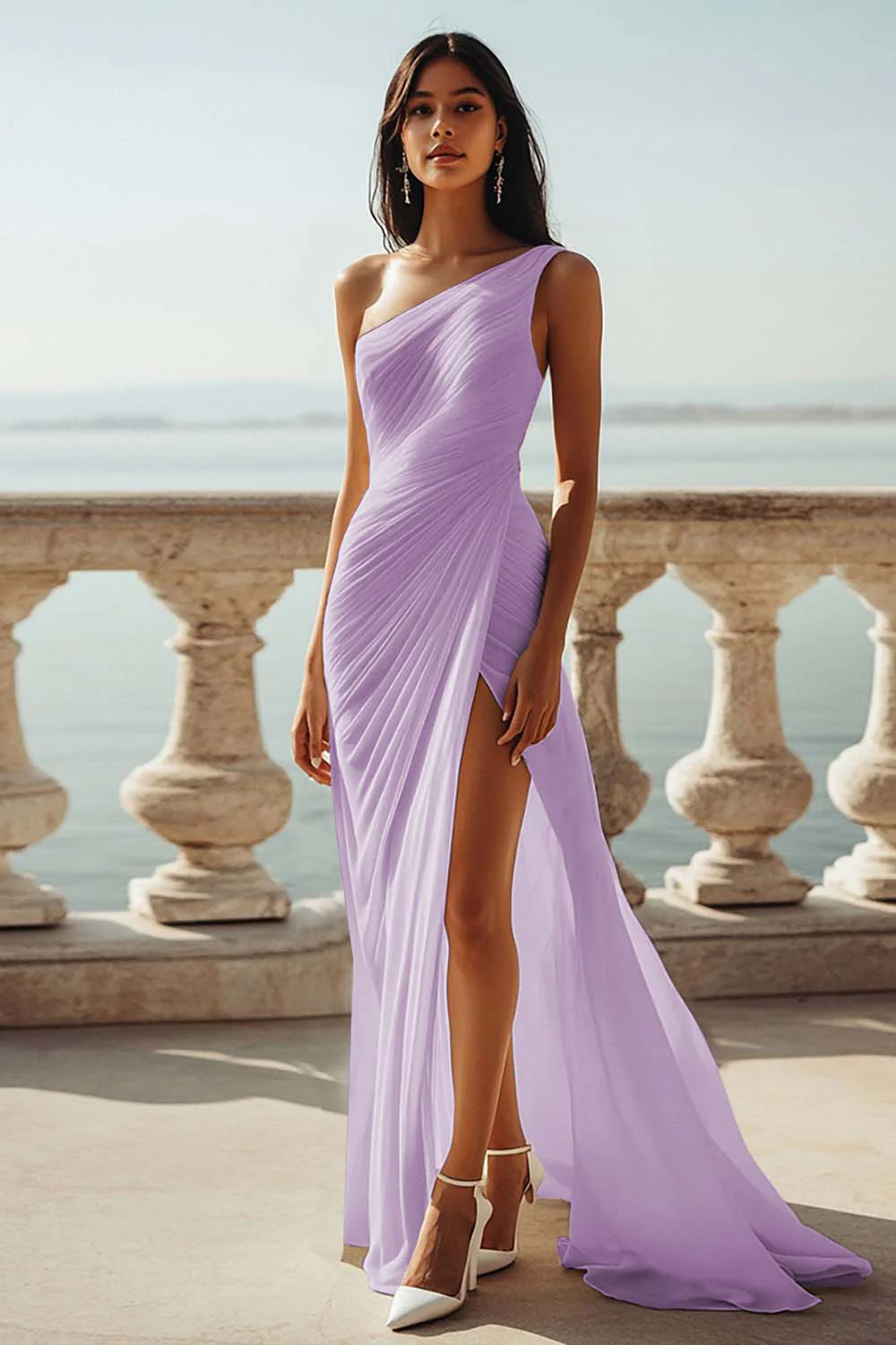 Robe de fiançailles longue ivoire en mousseline de soie une épaule avec fente - Image 19
