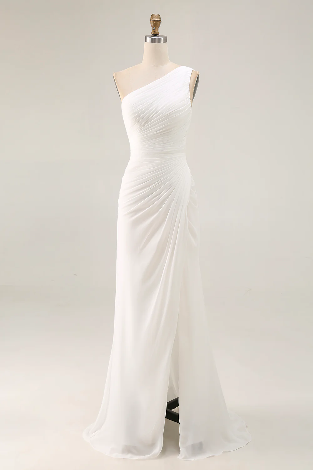 Robe de fiançailles longue ivoire en mousseline de soie une épaule avec fente - Image 3