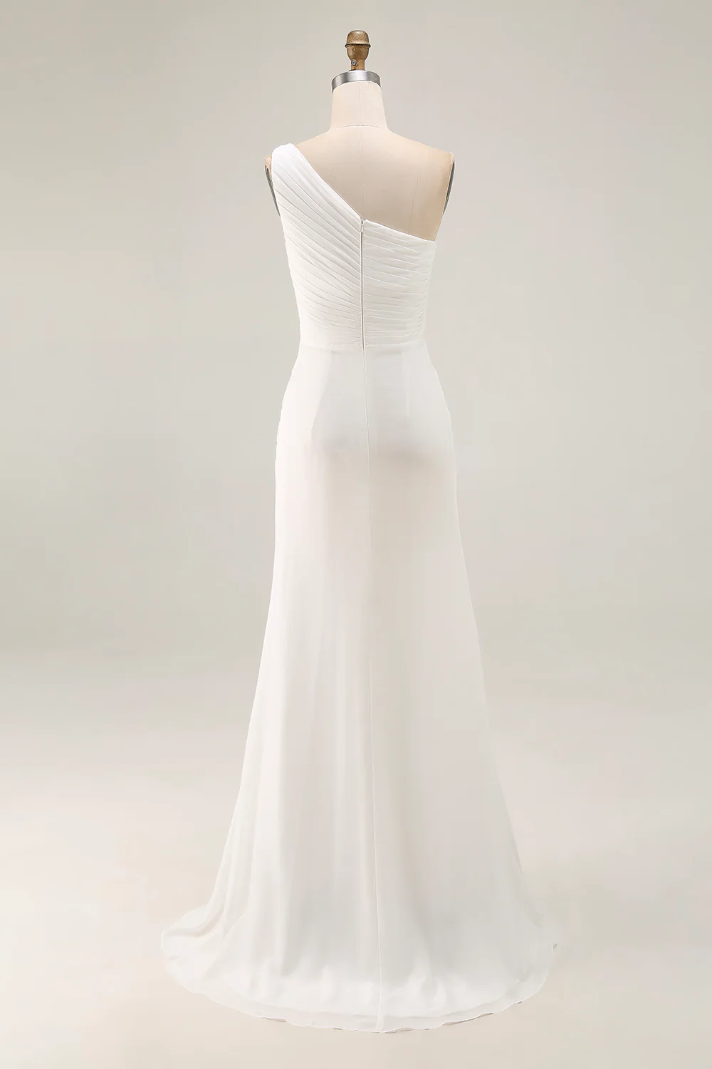 Robe de fiançailles longue ivoire en mousseline de soie une épaule avec fente - Image 4