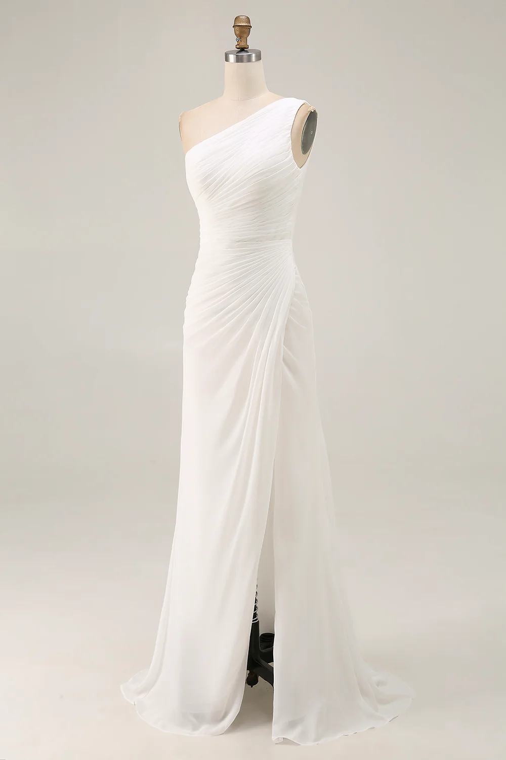 Robe de fiançailles longue ivoire en mousseline de soie une épaule avec fente - Image 5