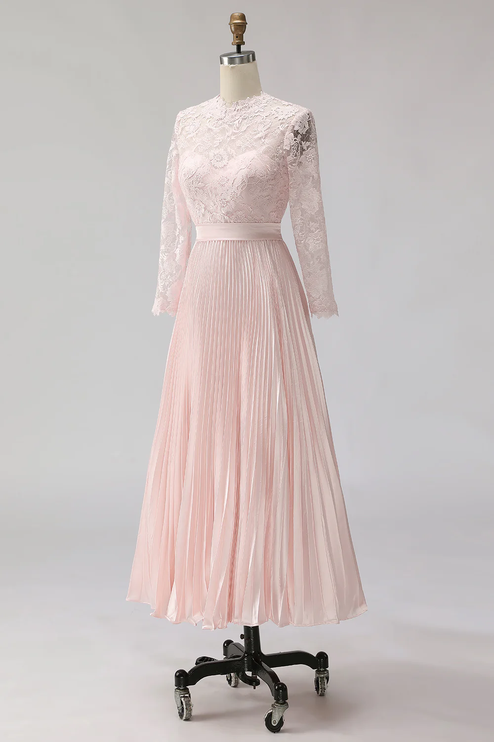 Mousseline de soie rose poudré Une ligne plissée Midi Robe de mère de la mariée avec dentelle - Image 5