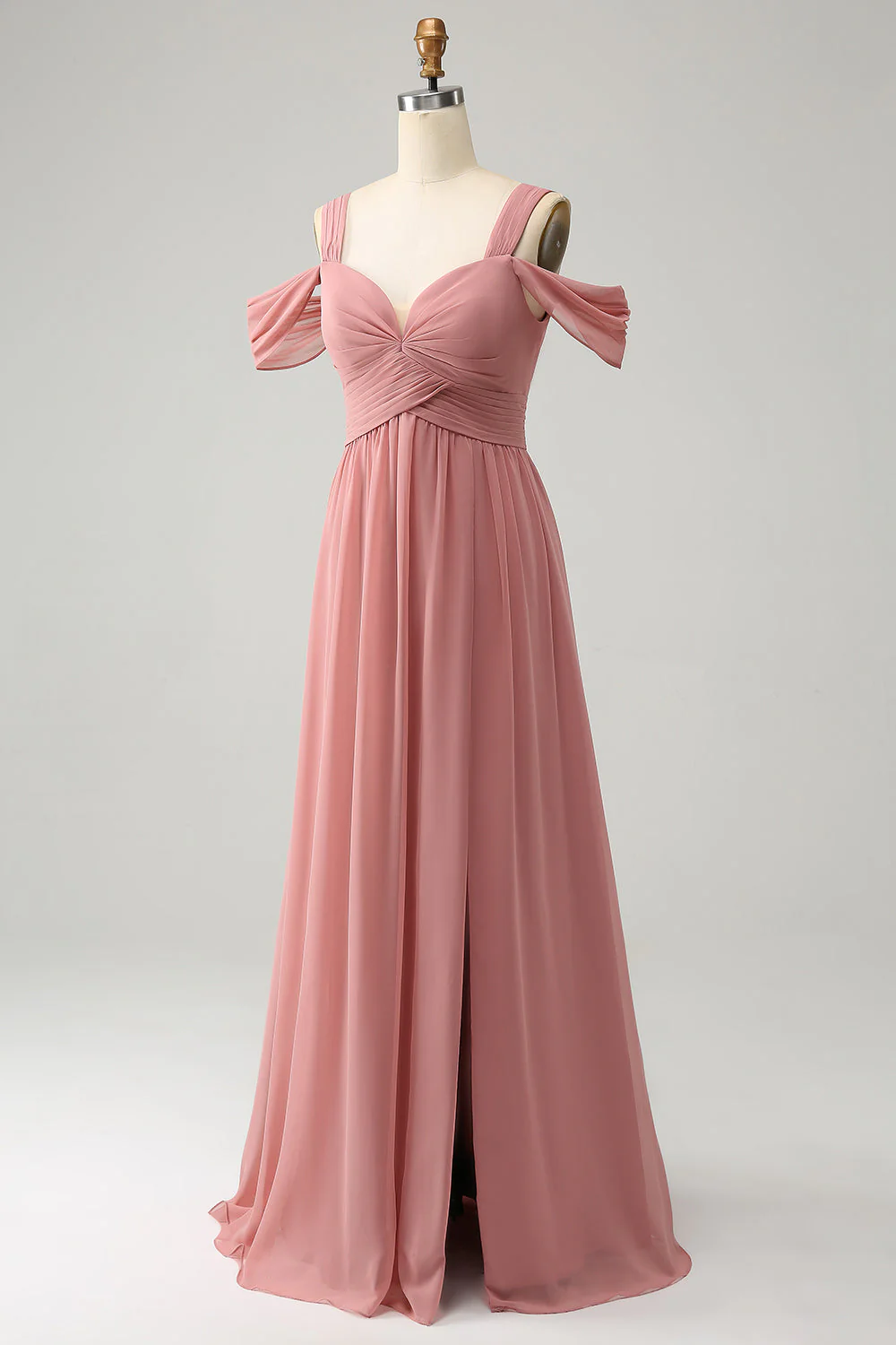 Robe de demoiselle d’honneur rouge en mousseline de soie A-ligne à bretelles spaghetti plissée avec fente - Image 3